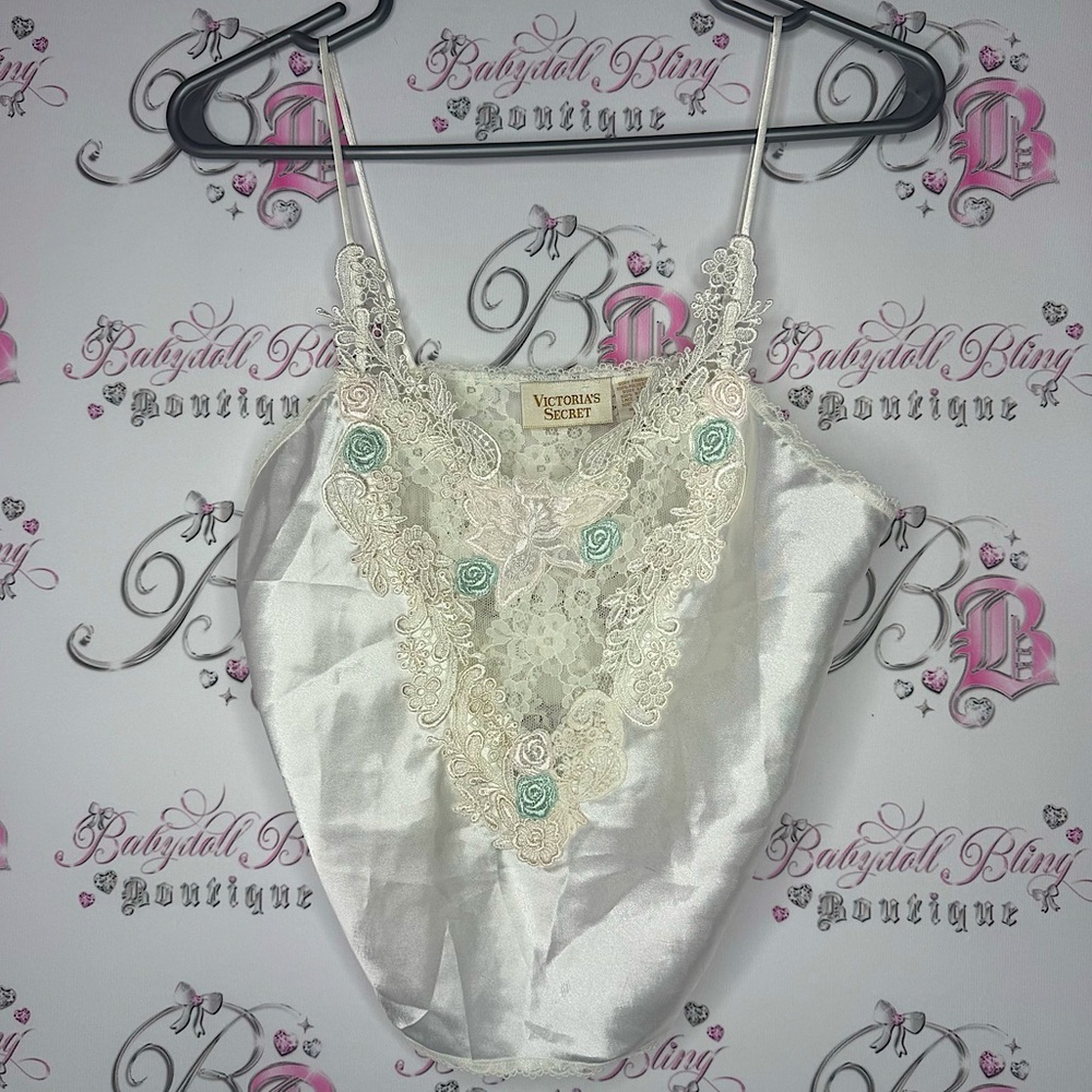 Victoria’s Secret tank top vintage gold label lace floral cream shiny flowers